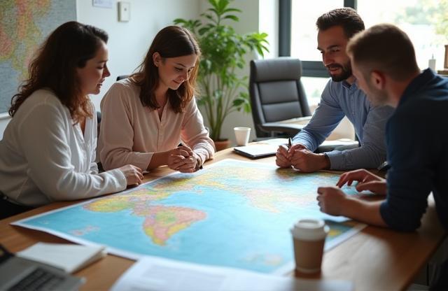 Golden Sands Tours team members discussing a map and travel plans