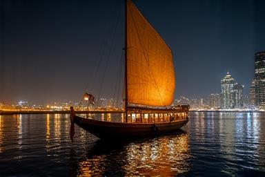 Traditional Dhow cruise on Dubai Creek at night