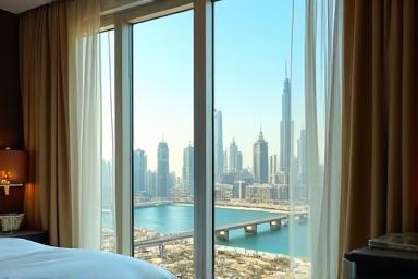 Luxury hotel room view overlooking city