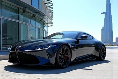 Luxury car parked by a Dubai landmark